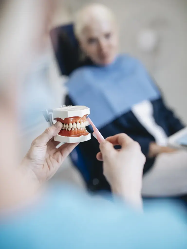 Ein Kiefermodell wird einer Patientin gezeigt